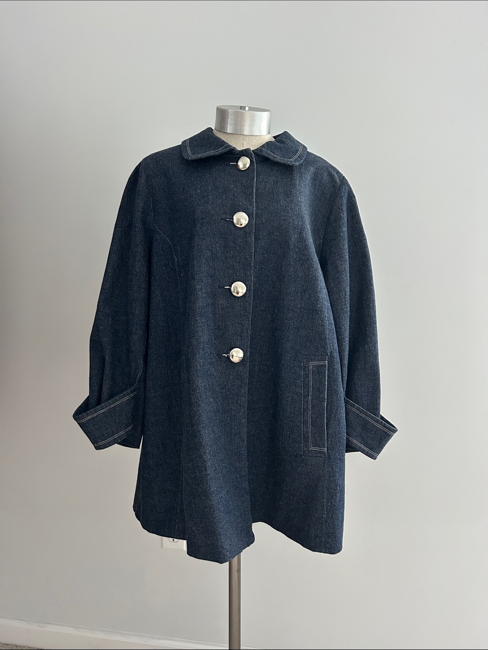 Dark Blue Denim Swing Jacket with Silver Buttons